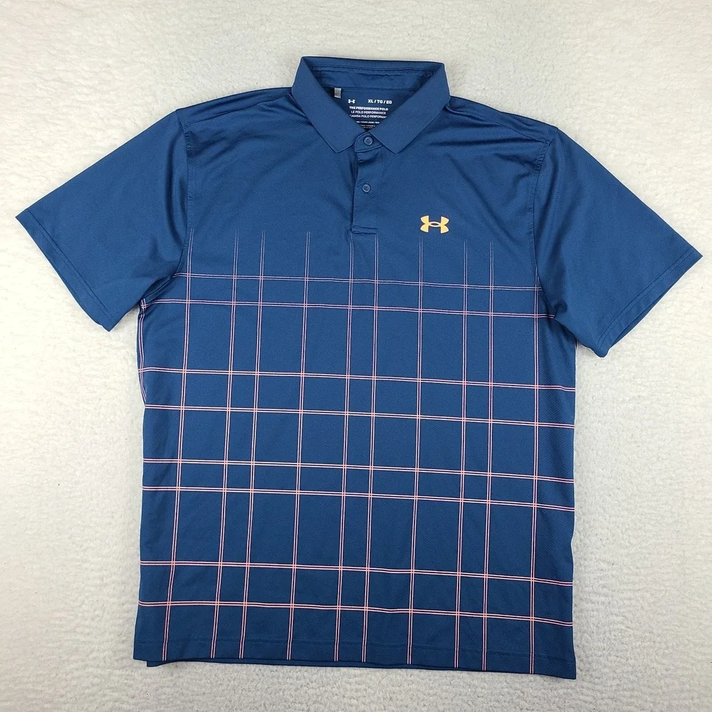 Under Armour Polo Shirt Mens XL Blue Pink The Performance Golf Loose Heatgear